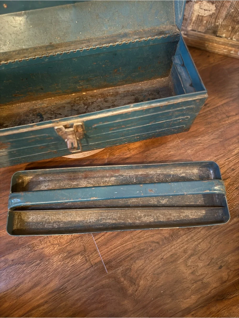 Vintage Metal Toolbox in Teal Blue With Tray
